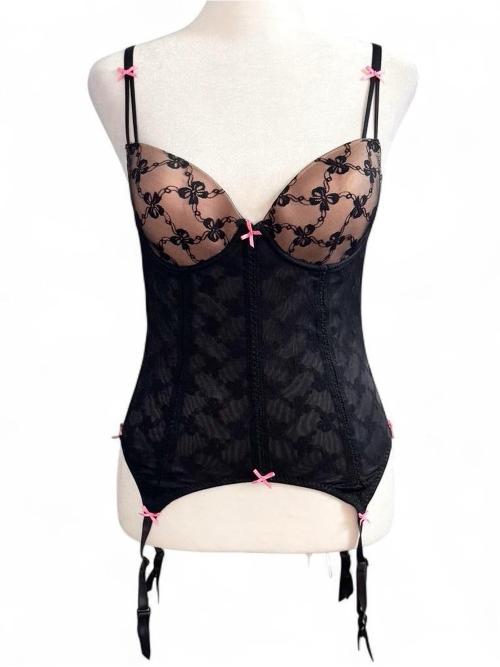 Betsey Johnson 34B Black Lace Corset Bustier Top Pink Bow Lingerie